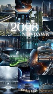 Collage of futuristic sci-fi scenes from 2098 showing advanced cities, spacecraft, and alien worlds from the Newdawn Universe